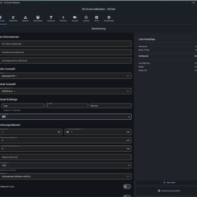 3DCalc 3D-Druck Kalkulator Software Screenshot